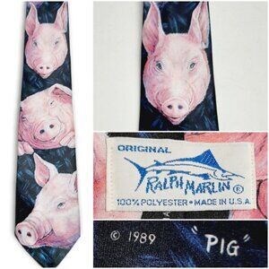 RALPH MARLIN Pig Novelty Design Pattern 1989 Retro Men's Necktie Neck Tie
